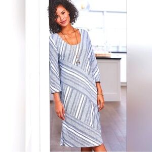 Soft Surroundings Dress Sonya Linen Blend White Blue Stripe Knee Length Size L